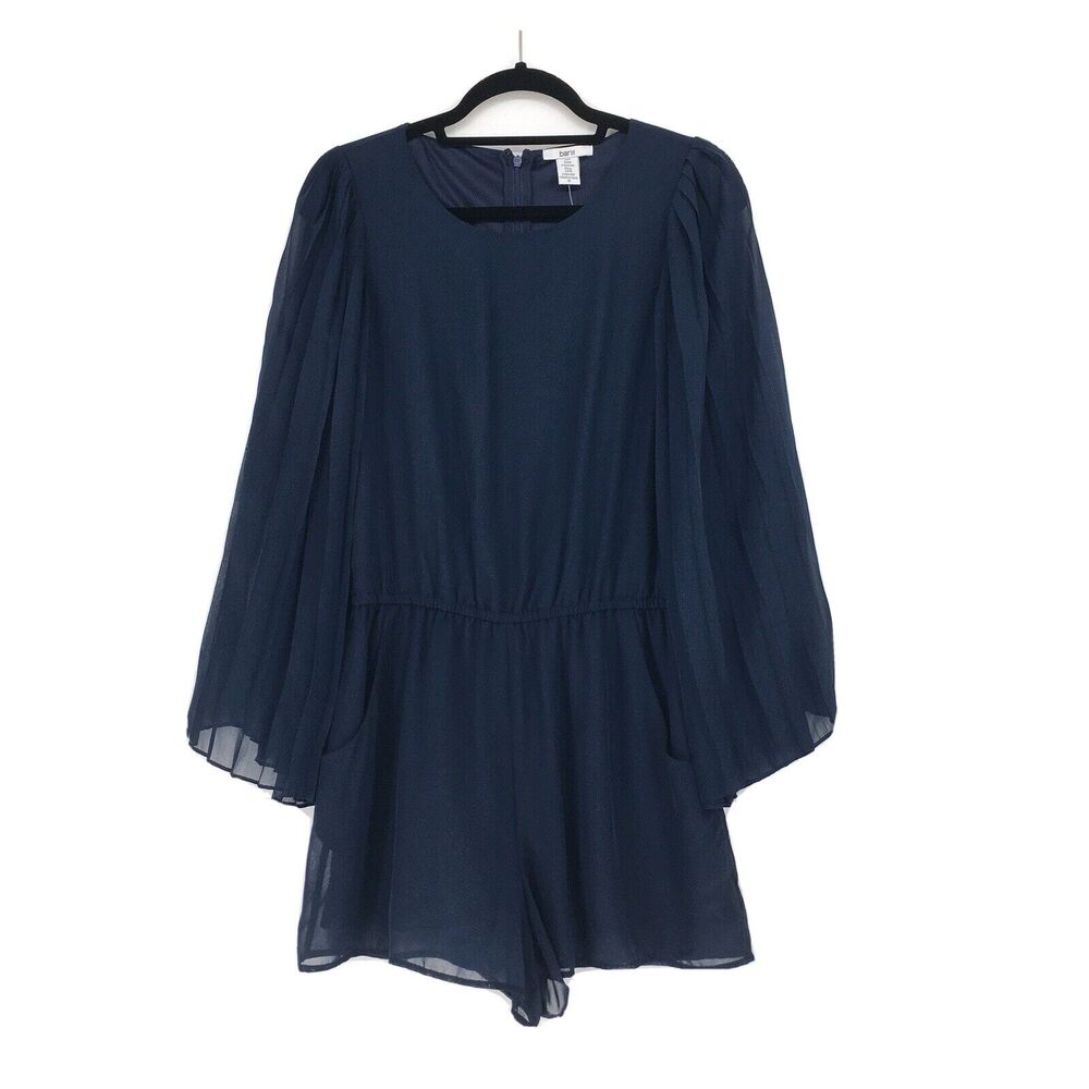 Bar III Women S Romper Navy Blue Pleated Long Sleeves Chiffon Cocktail Pockets